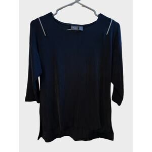 Chicos Travelers Black 3/4 Sleeve Slinky Tunic w/Zipper Shoulder Accent Sz1/US 8